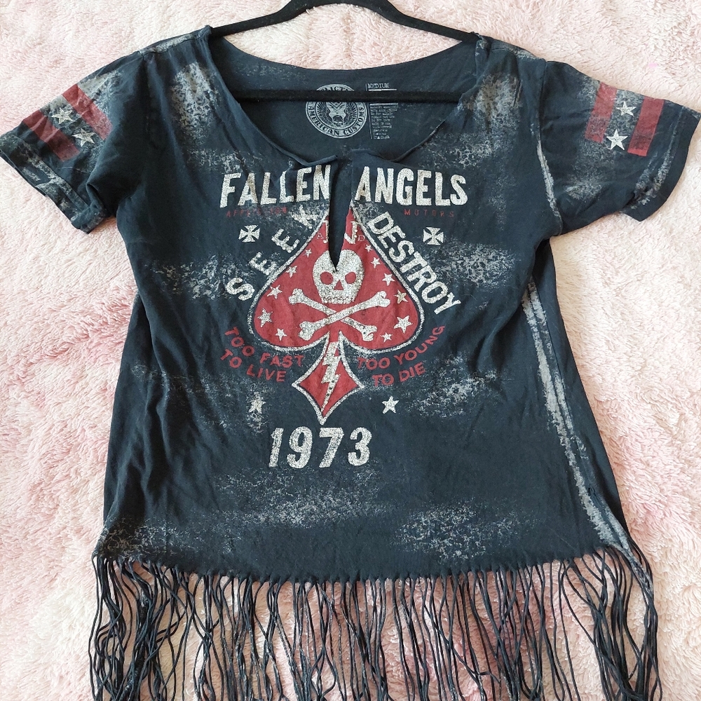 Affliction Fallen Angels Fringe Trim Cut Out Women's Tee Size Medium